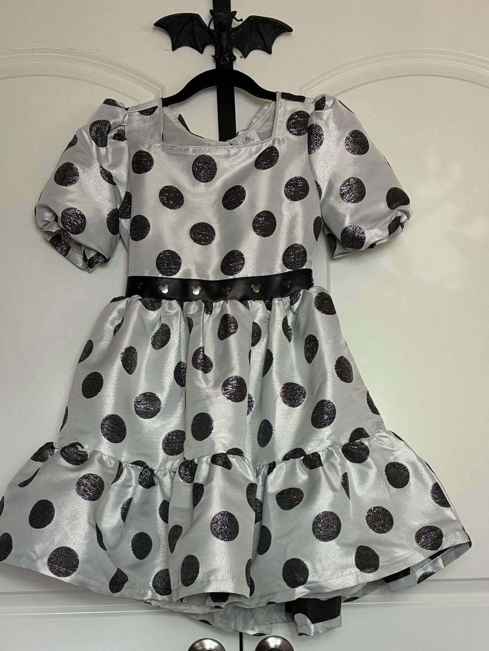 Disney White Black Polka Dot Party Dress Ribbon Waist Peekaboo back size 11-12